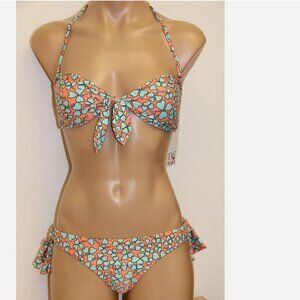 NWT DVF Roxy Swimsuit 2pc Bikini Set Sz L Paneled Tie Side Pants PEH Front